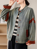 Contrast Color Retro Button Up Denim Jacket for Women