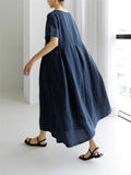 Oversized Round Neck Cotton Linen Pleated Dress for Lady