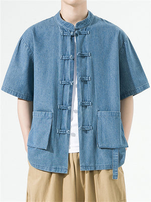 Summer Denim Short Sleeve Tang Suit Shirt for Men