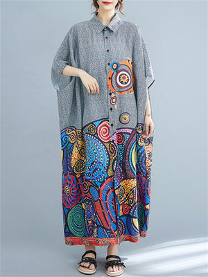 Fat Girls Oversized Bohemian Print Lapel Shirt Dress