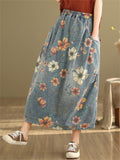 Orange & White Flowers Print Women's Elastic Waist Denim Skirt