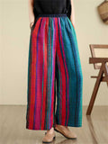 Multicolor Stripe Ethnic Style Linen Wide Leg Pants for Women