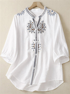 Ladies Fashion Ethnic Style Embroidered Half Sleeve Shirts