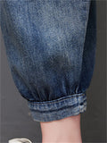 Female Leisure Washed Effect Drawstring Dark Blue Jeans