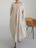 Oversized Round Neck Cotton Linen Pleated Dress for Lady