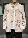 Chinese Fan Crane Printed Faux Suede Jackets for Men