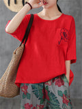 Chest Pocket Flower Embroidery Half Sleeve Loose Shirt for Women