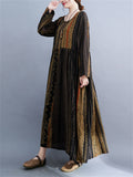 Ethnic Style Multicolor Stripe Round Neck Holiday Dress for Lady