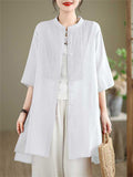 Female Leisure Cotton Linen 3/4 Sleeve Mid-Length Shirt