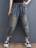 Female Loose Elastic Waist Ripped Thin Retro Jeans