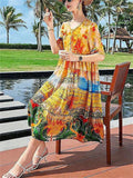 Ladies Cozy Field Beach Floral Print Splicing Silk Dress