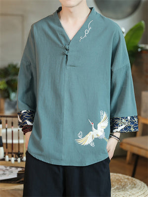 Male Chinese Style Lifelike Crane Embroidery V-neck Shirts