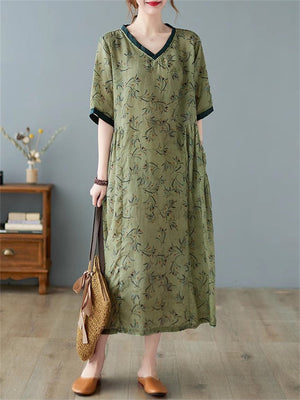 Female Retro Print V Neck Short Sleeve Linen Loose Dress