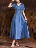 Women's Chic Hand-Embroidered V Neck Short Sleeve Denim Dress