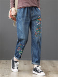 Female Leisure High-Rise Drawstring Embroidery Washed Denim Pants