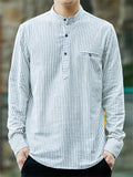 Men's Striped Stand-up Collar Half Button Shirt