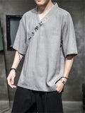 Men's Retro Linen V Neck Hanzi Embroidered Summer Shirt