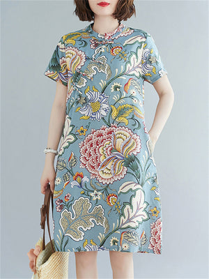 Summer Female Floral Print Round Neck Elegant Knee Length Dress