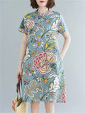 Summer Female Floral Print Round Neck Elegant Knee Length Dress