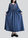 Female Ethnic Style Floral Embroidered V-Neck Retro Denim Dresses