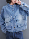 Women's Single Breasted Flap Pockets Denim Short Jacket