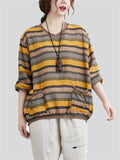 Women's Spring Multicolored Stripes V Neck Shirt