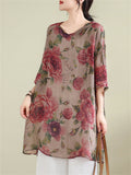 Retro Casual Flower Print Half Sleeve V Neck Shirt for Lady