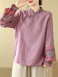 Women's Embroidery Stand Collar Cotton Linen Long Sleeve Shirt