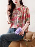 Elegant Tiny Rhinestone V Neck Flowy Floral Print Shirt for Ladies