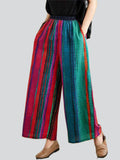 Multicolor Stripe Ethnic Style Linen Wide Leg Pants for Women