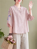 Women's Leisure Flower Embroidery Half Sleeve Loose Shirt