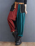 Women's Red Green Contrast Color Patch Pocket Denim Harem Pants