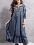 Women's Diamond Embroidery Half Sleeve Ruffle Blue Denim Dress