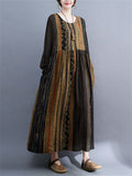 Ethnic Style Multicolor Stripe Round Neck Holiday Dress for Lady