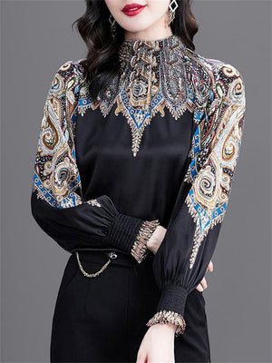 Women's Elegant Print Round Neck Puff Sleeve Black Shirt