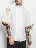 Men's Dragon Embroidery Short Sleeve Cozy Linen Shirt