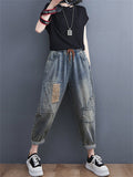 Female Loose Elastic Waist Ripped Thin Retro Jeans