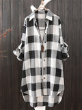 Women's Lapel Rolled Up Sleeve Mid Length Plaid Shirt