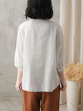 Retro Pleated Crew Neck Linen Short Sleeve Shirt for Female