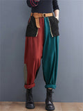 Women's Red Green Contrast Color Patch Pocket Denim Harem Pants