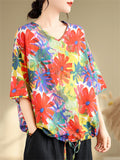 Summer Bright Daisy Print Drawstring Hem V-Neck Shirt for Female