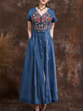 Women's Summer Ethnic Style V-neck Embroidered Denim Dresses