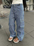 Retro Striped Blue High-Rise Floor-length Cargo Jeans