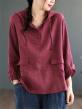 Plain Cotton Linen Long Sleeve Hooded Shirt for Women