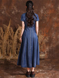 Retro Flower Embroidery Female V Neck Denim Pleated Dress