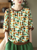 Women's Linen Silky Round Neck Short Sleeve Print Shirt