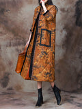 Female Ancient Landscape Print Faux Fur Collar Cotton Overcoat