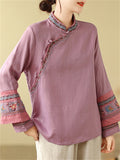 Women's Embroidery Stand Collar Cotton Linen Long Sleeve Shirt