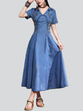 Women's Chic Hand-Embroidered V Neck Short Sleeve Denim Dress