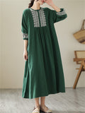 Female Geometric Embroidered Round Collar Half Placket Dress